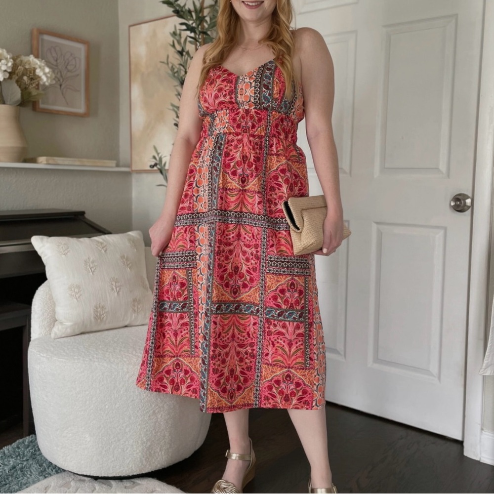 Old Navy Red and White Smocked Tie Front Midi Dress